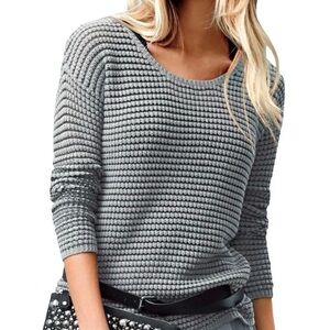 Ellos Minimalist Gray Waffle Knit Scoop Neck Long Sleeve Cozy Slouchy Sweater